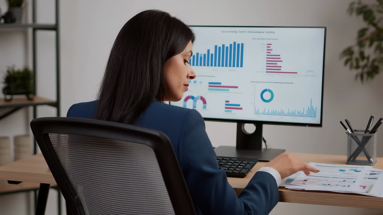 Businesswoman Analyzing Data and Charts on Computer at Office Desk
