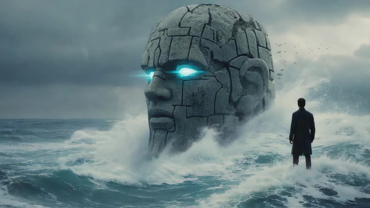 Colossal Stone Head Rises from Stormy Sea with Glowing Eyes