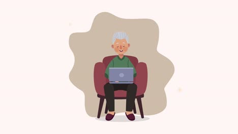 abuelo usando el portátil en la animación de personajes del sofá