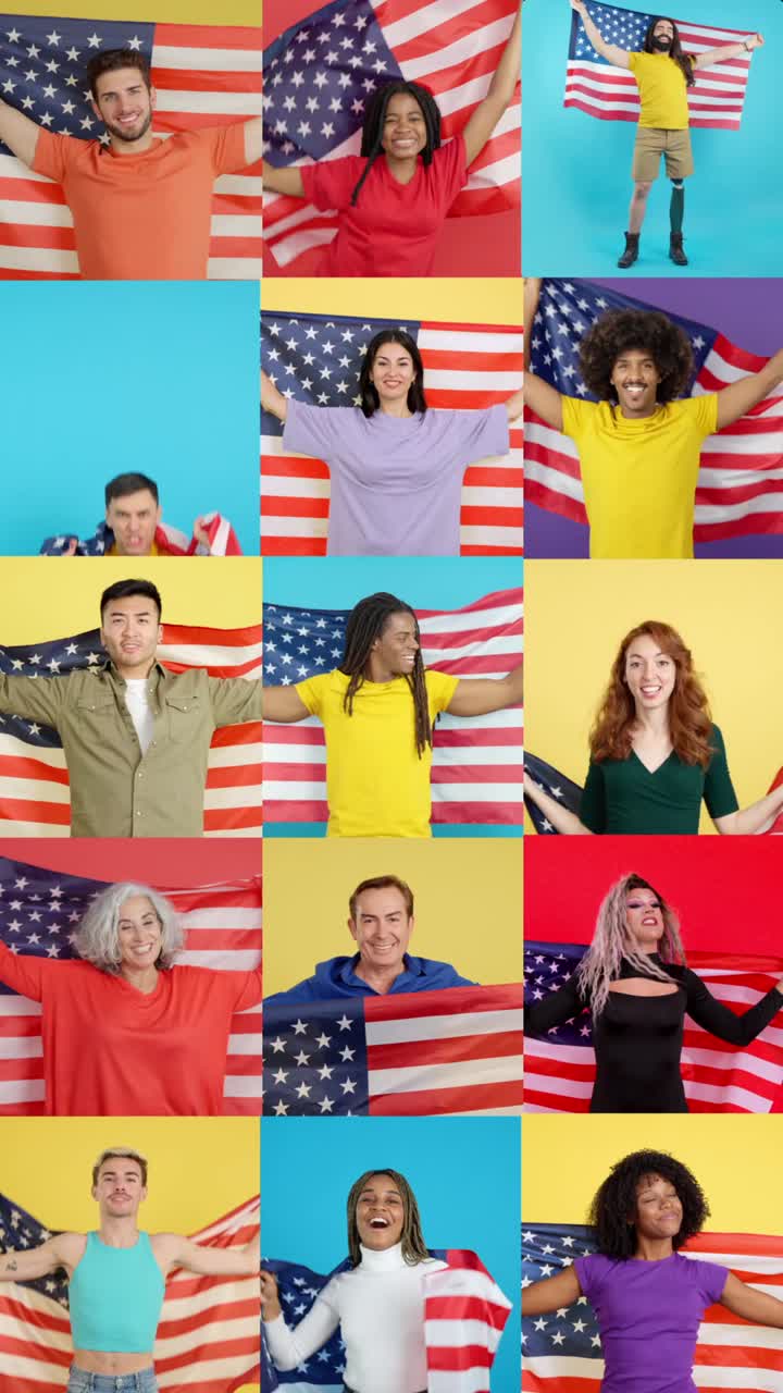 Gruppo eterogeneo di persone che tengono bandiere americane