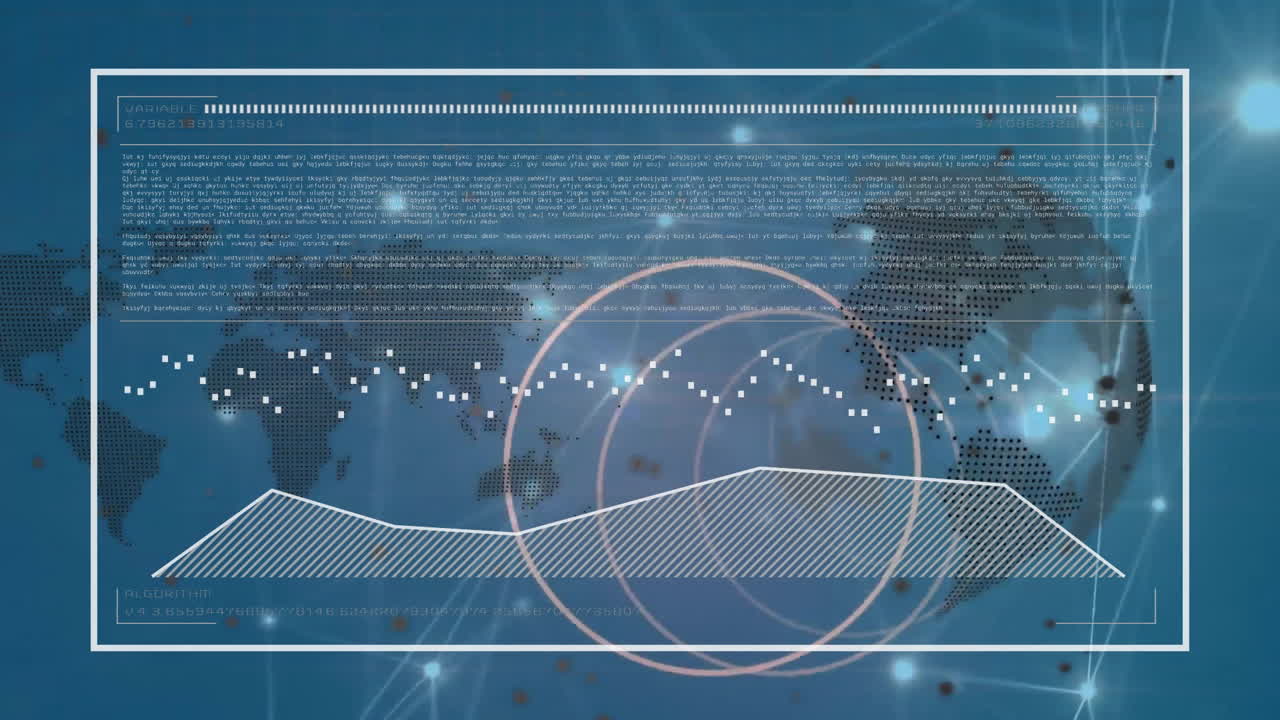 animación del procesamiento de datos sobre el mapa del mundo y la red de conexiones en fondo azul