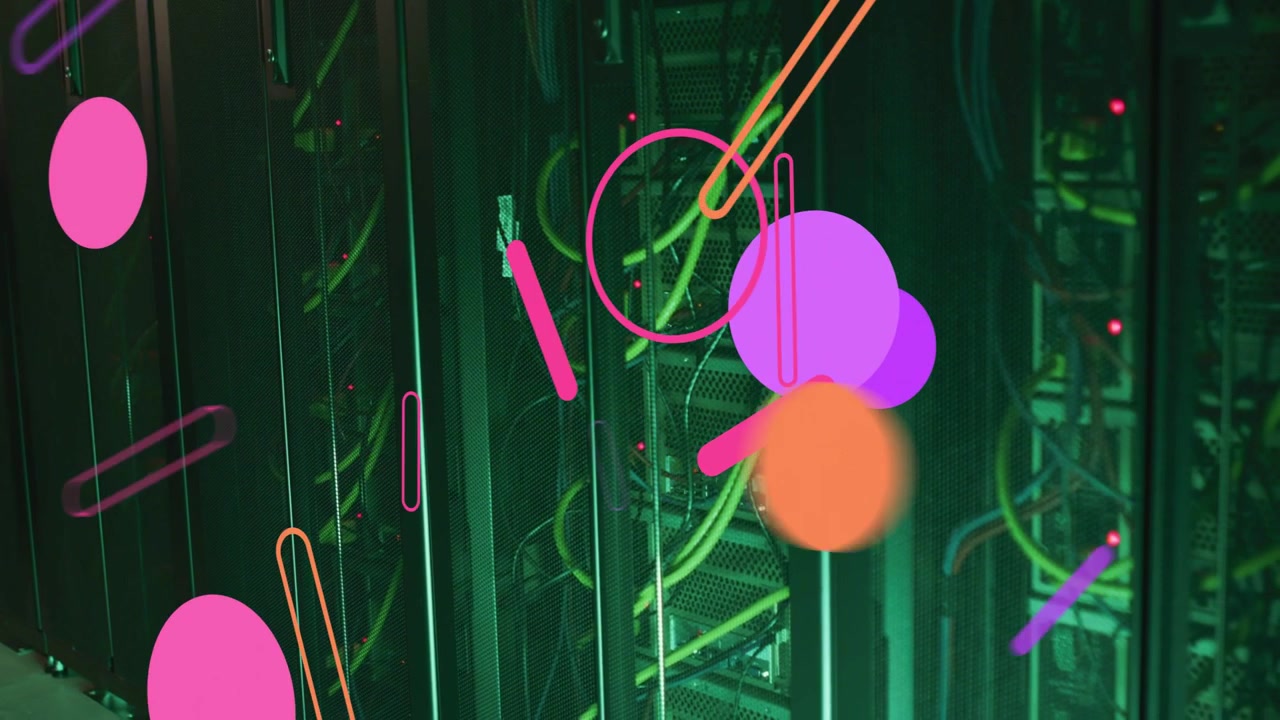Animated circles rings bars entering left over rack stacking then drifting visualizing network