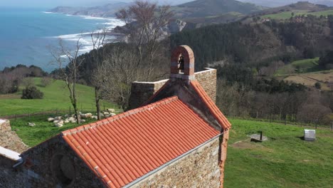 aerial drone view of a hermitage next to the cantabrian sea in deba in the basque country