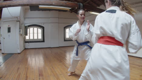 handheld shot of focused karatekas fighting actively in gym