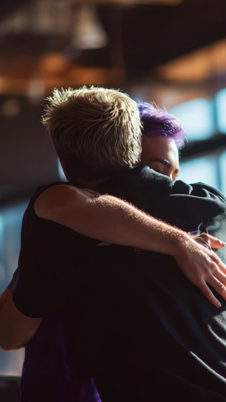 Abbraccio emozionale: due amici condividono un momento toccante in uno spazio caldo e luminoso, che mette in risalto il legame, il supporto e la fiducia reciproca in un bellissimo sfondo