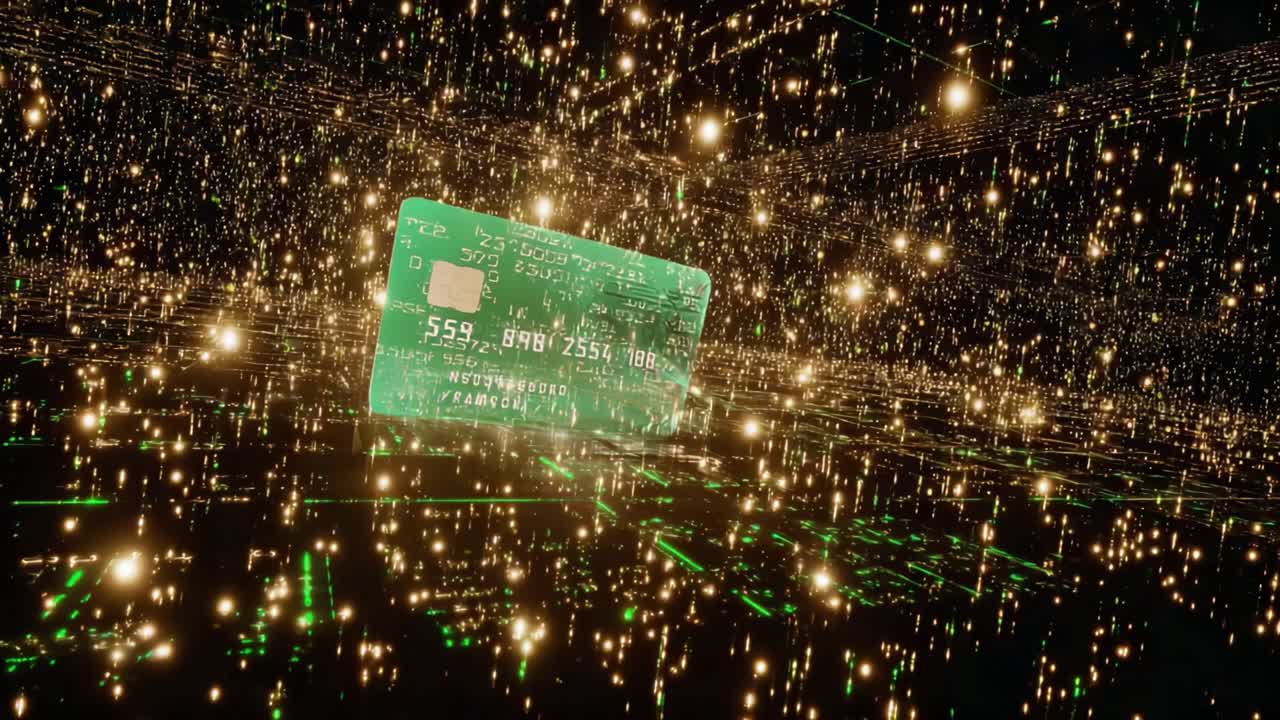 Green credit card floating over a reflective surface in a futuristic digital environment with glowing data points and network connections, representing electronic payment and online transactions