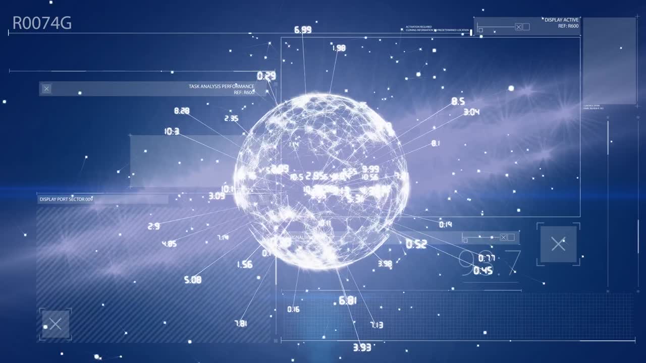 파란색 배경에 지구를 가진 데이터 처리의 애니메이션