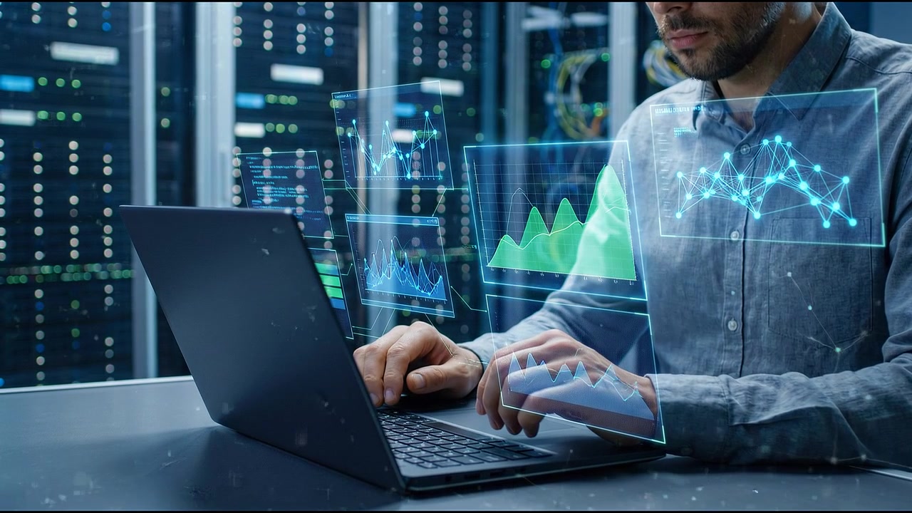 Professional typing on laptop while analyzing data in technology focused workspace