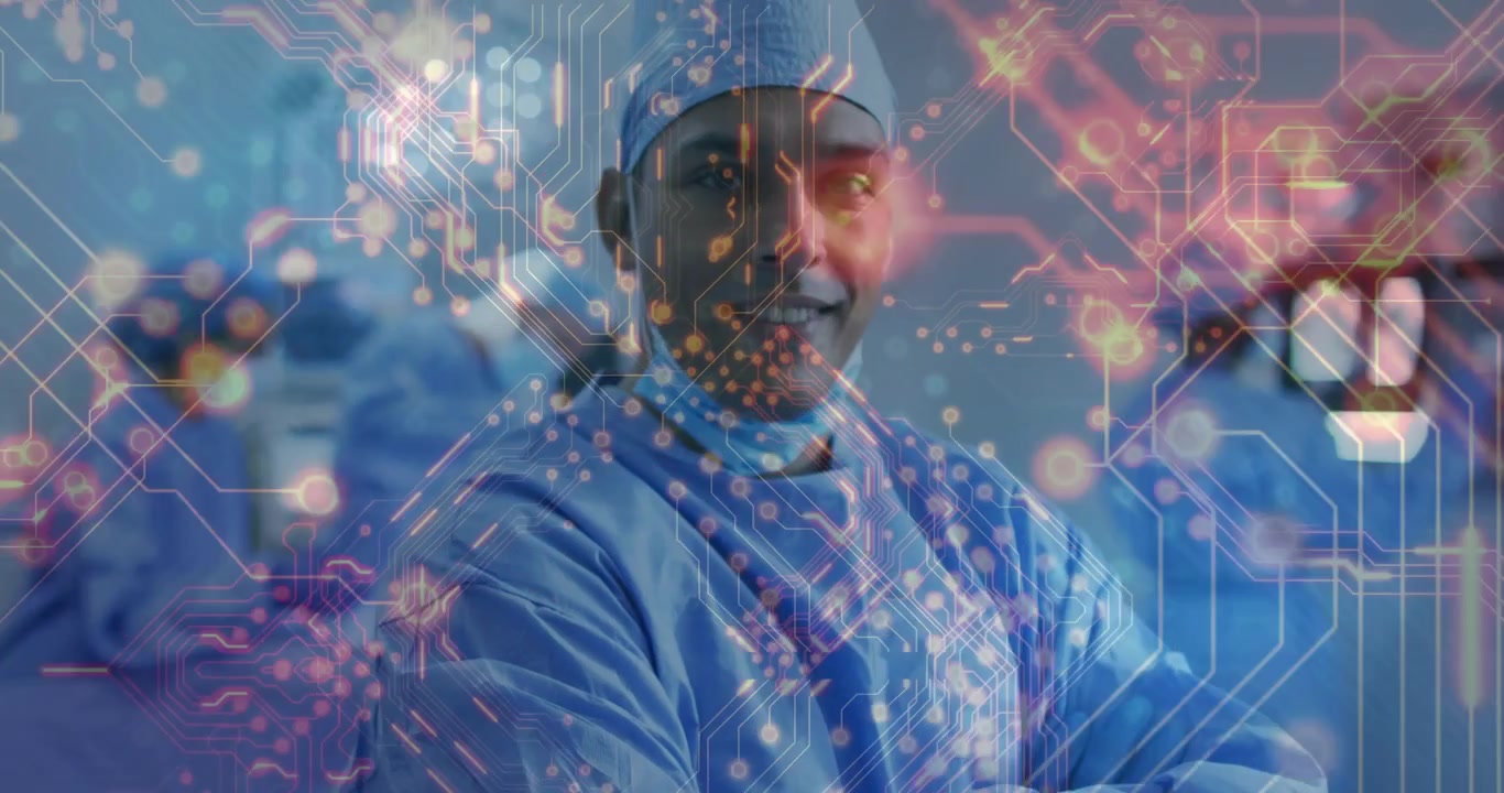 Standing surgeon in OR sterile gown and cap lowering mask, smiling with circuit overlay growing