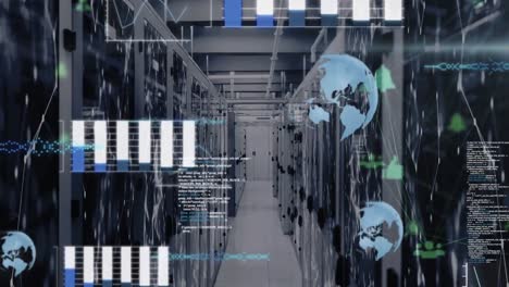 Animation-of-globes,-scope-scanning-and-data-processing-over-computer-servers