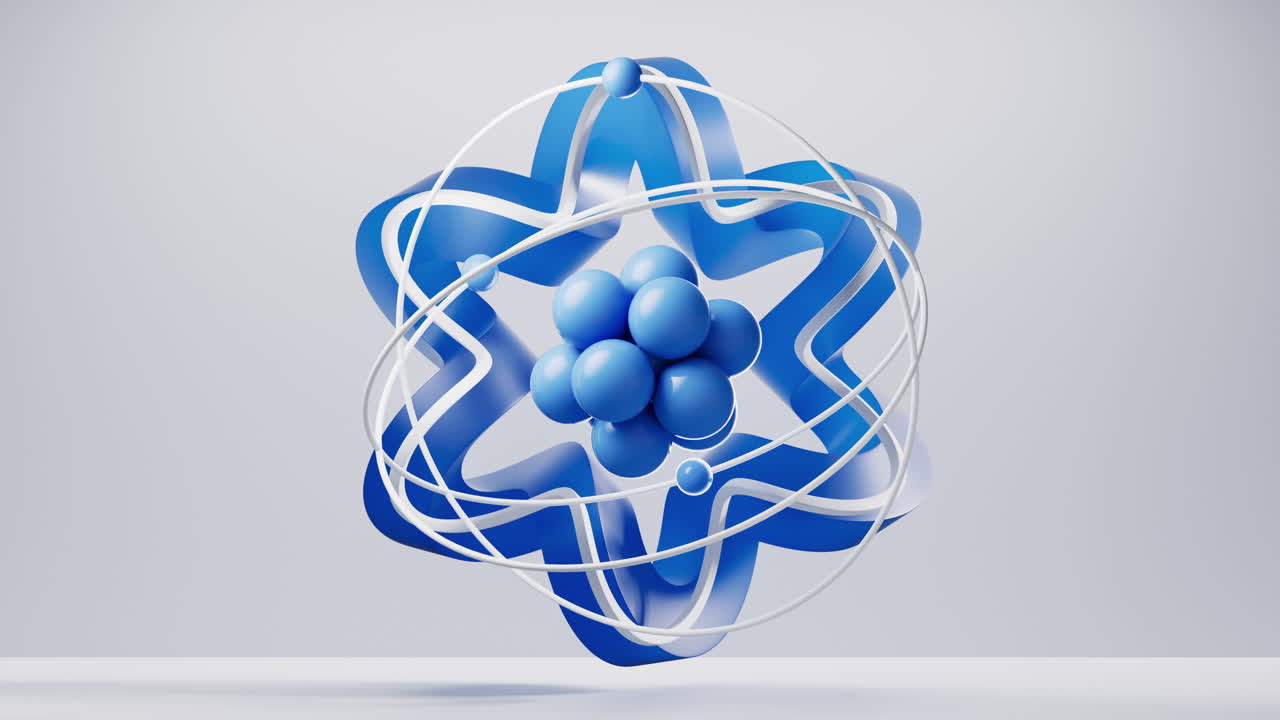 Physics atom with blue curve frame background, 3d rendering.