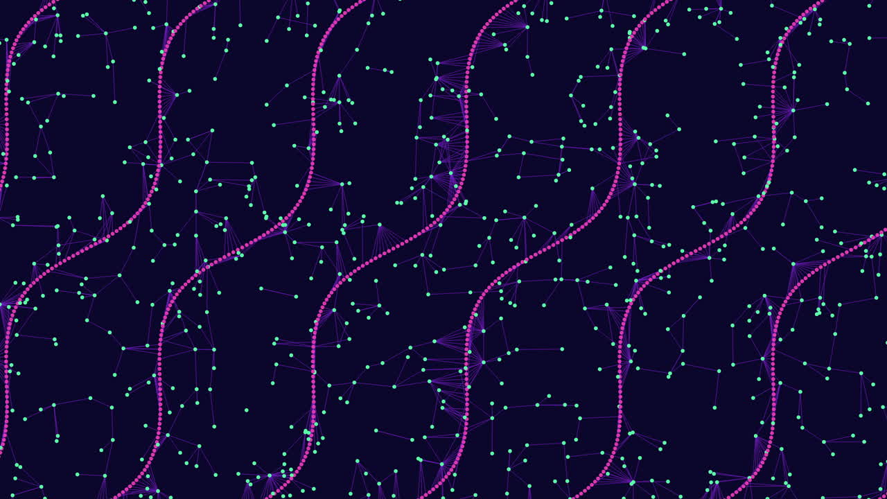 Zigzag of purple lines and dots on black background