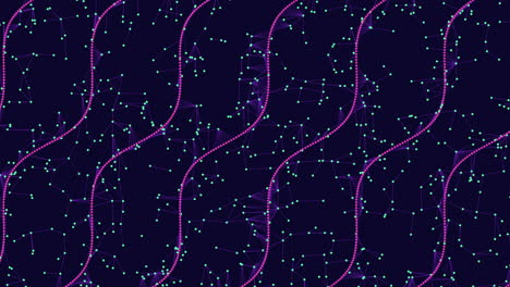 zigzag of purple lines and dots on black background