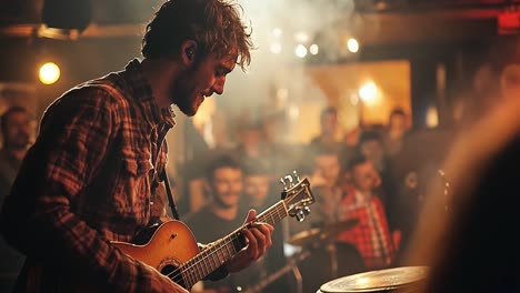 musician performing live with acoustic guitar