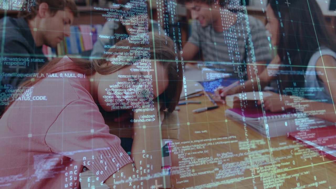 Teenager girl falling asleep during study and peers studying with code overlay mapping focus drift