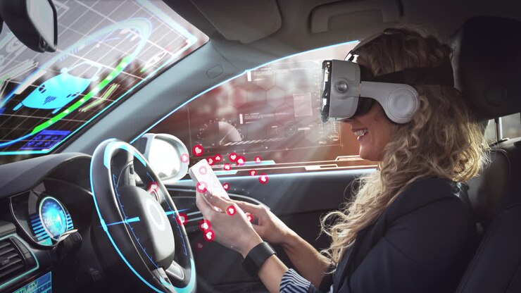 Animazione di una rete di connessioni su una donna che indossa un visore VR in un'auto a guida autonoma