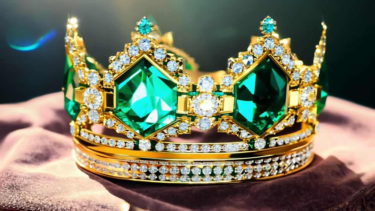 에메랄드와 다이아몬드로 장식된 황금 왕관은 고급스러운 보라색 벨 베개에 반인다.