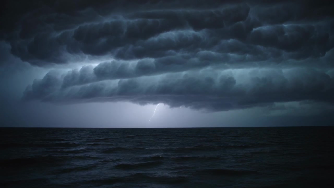 Flerlags hyldeskye truer over åbent hav, lyn blinker og signalerer stormens ankomst.
