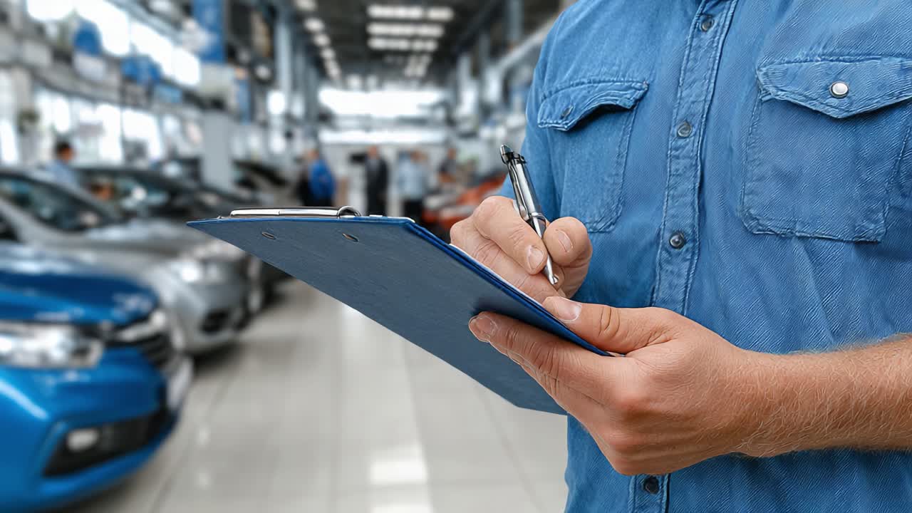 Ein detaillierter Überblick über den Kfz-Inspektionsprozess: Eine Person begutachtet Fahrzeuge mit einem Klemmbrett in einem Autohaus