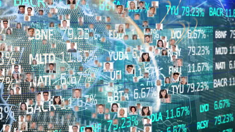 digital composition of globe of multiple profile icons spinning against stock market data processing