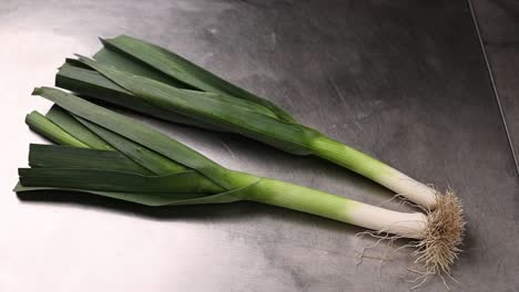 two fresh leeks on a metal surface