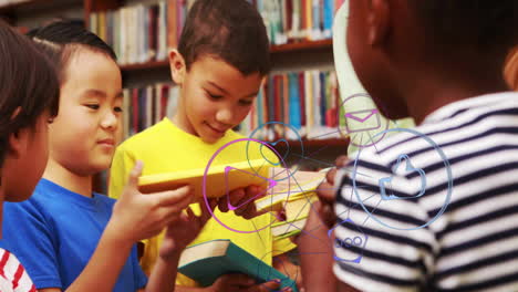 children in library with social media icons animation over them