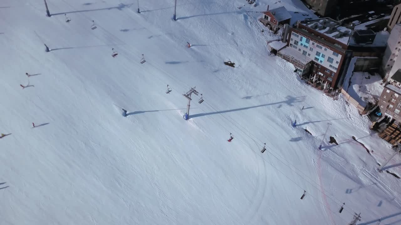 Lifts and town orbit with Dji Mavic Pro in Pas de la Casa ski resort, Grandvalira. The clouds that appear give it a dark appearance.