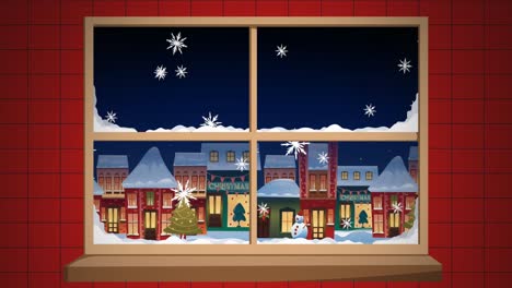 Animation-of-falling-snow-and-christmas-street-scene-through-window