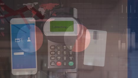 animation of data processing over payment terminal, credit card and smartphone