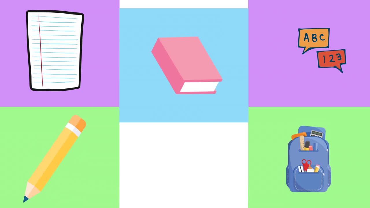 Animation of colorful rectangles with school supplies moving on white background