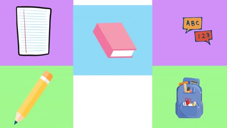 Animation-of-colorful-rectangles-with-school-supplies-moving-on-white-background