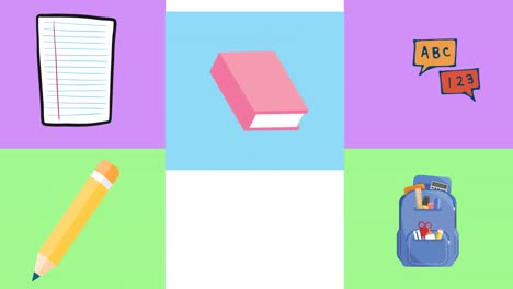 animación de rectángulos coloridos con suministros escolares que se mueven sobre un fondo blanco