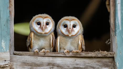 two baby barn owls in a window