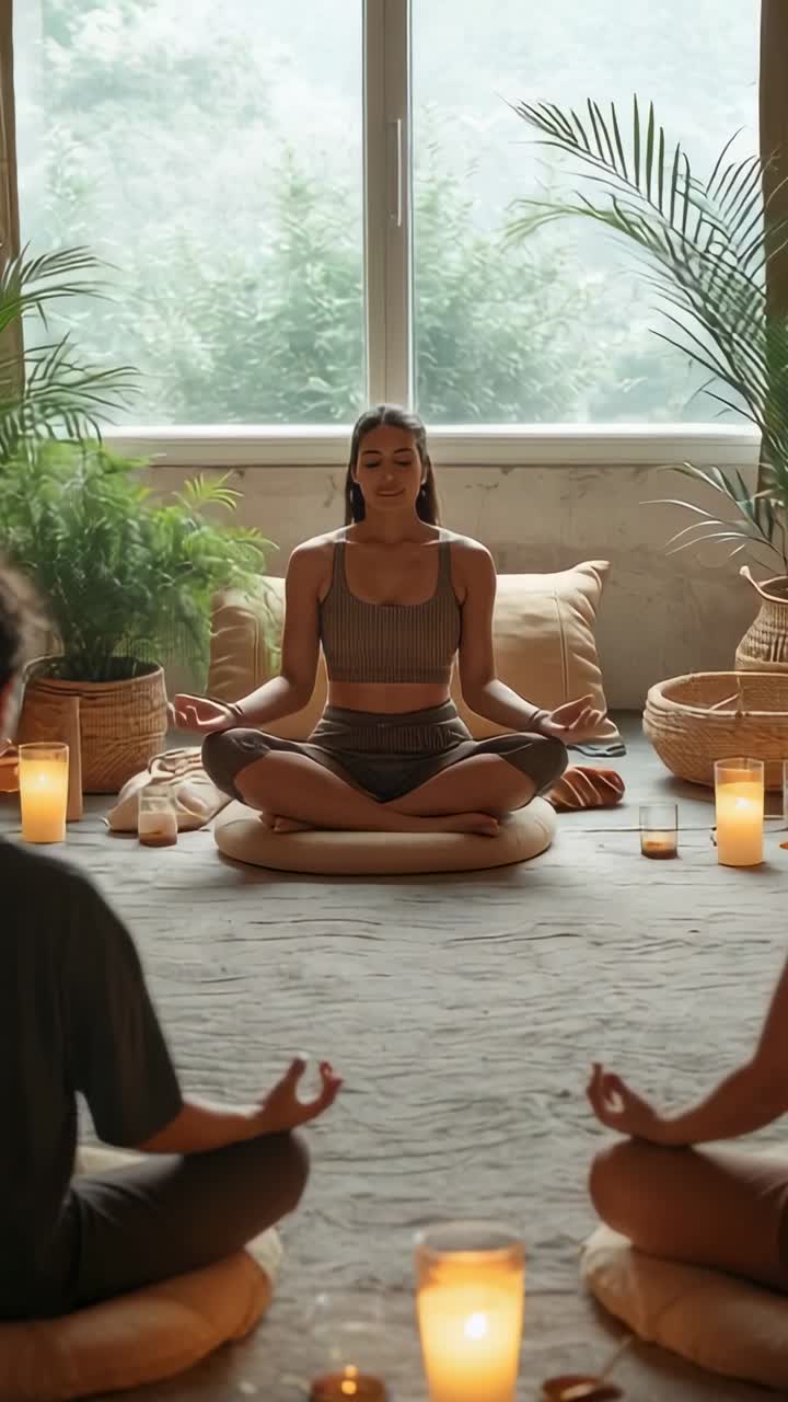 Video verticale: donna protagonista in abbigliamento sportivo che inspira, guidando la respirazione in uno studio tranquillo con candele