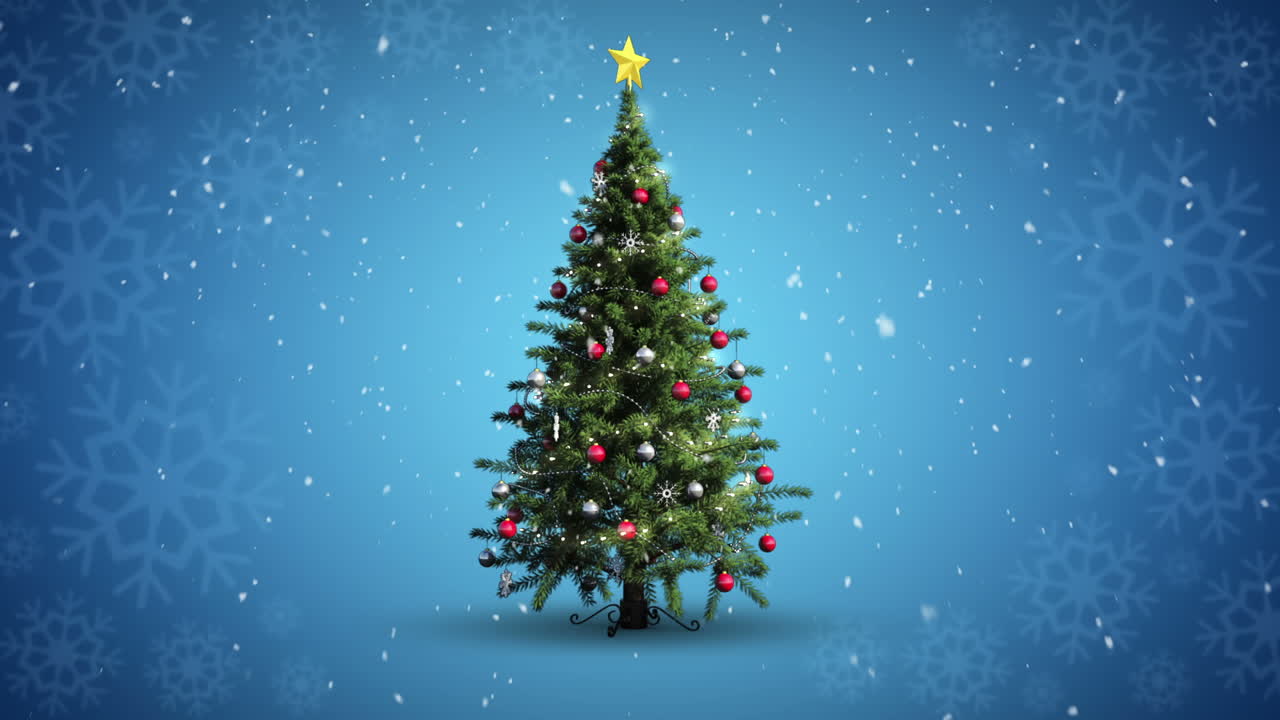 Snow falling christmas tree against snowflake pattern