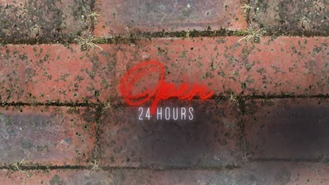 Neon-open-24-hours-text-against-brick-wall-in-background