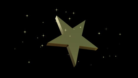 gold christmas star rotating on black background with twinkling star lights