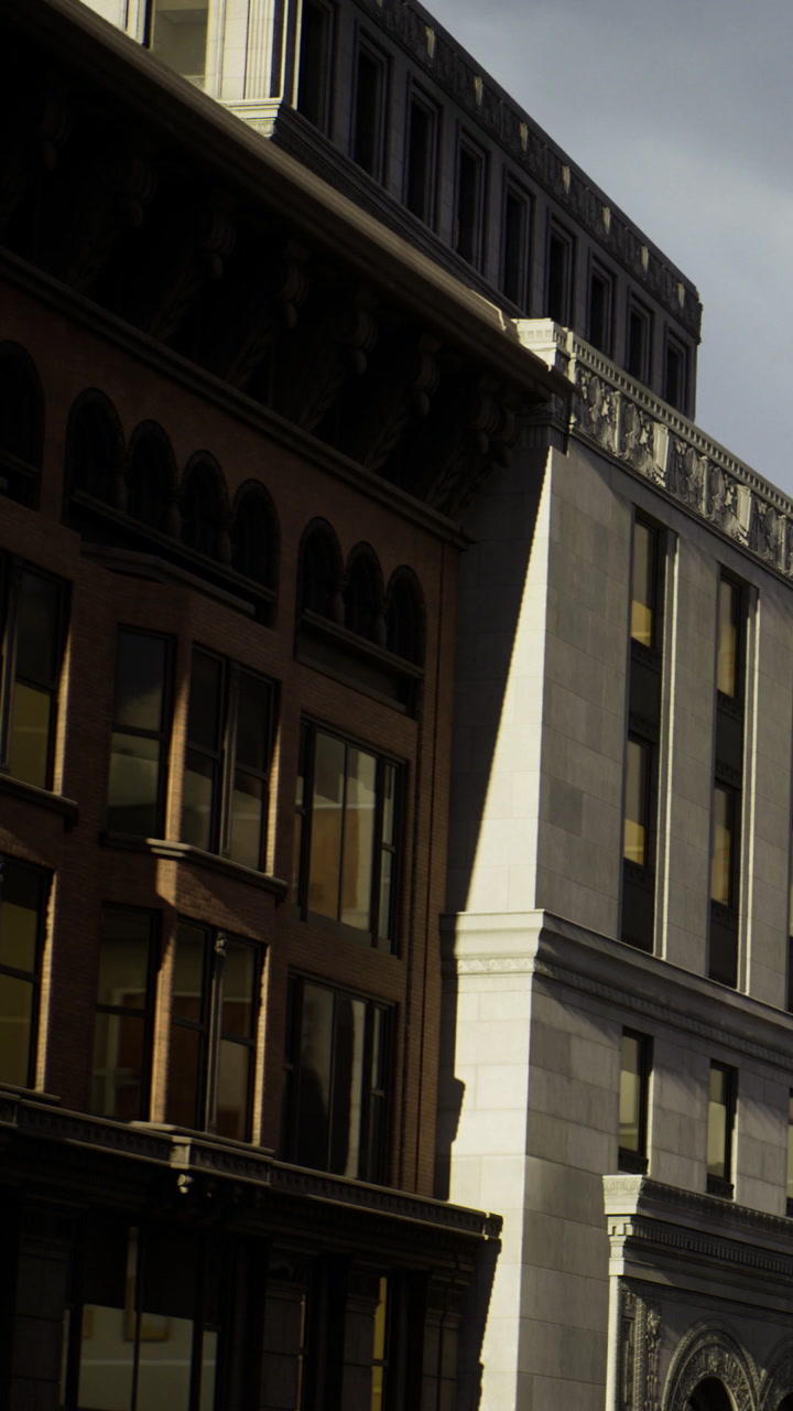 Old buildings show different architectural styles in downtown area