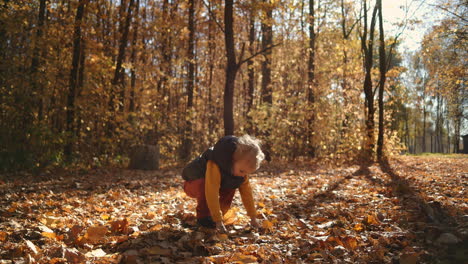 Kleiner-Junge-Wirft-Herbstblätter-In-Zeitlupe-In-Den-Herbstpark.-Mittlere-Aufnahme-Eines-Kindes,-Das-Draußen-Spielt.-Hochwertiges-4K-Filmmaterial