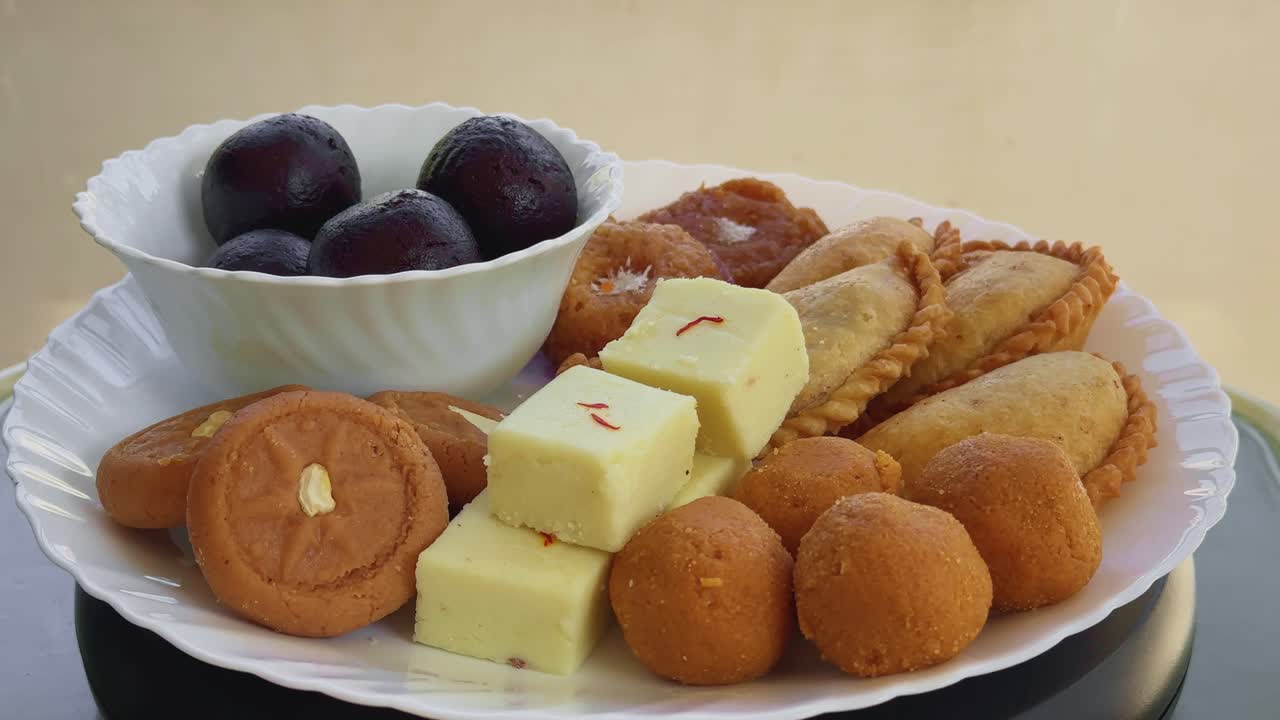 Wide turntable shot of a complete assortment of traditional Indian sweets including gulab jamun in a bowl, besan laddu, barfi cubes with saffron, peda showcasing rich textures and festive appeal