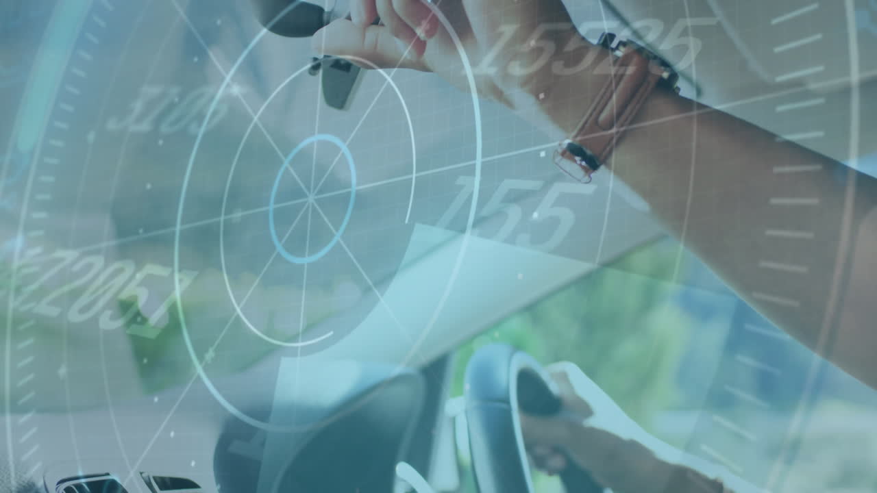 conducir un coche, las manos en el volante con superposición de animación del velocímetro
