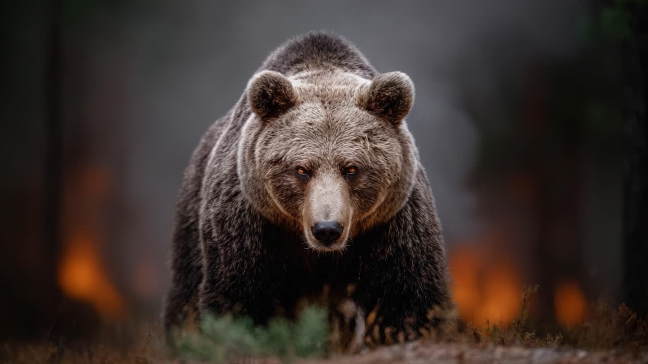 Un maestoso orso grizzly a fuoco: uno sguardo intenso in una natura selvaggia fumosa, che cattura la potenza e la bellezza allo stato puro in due immagini suggestive