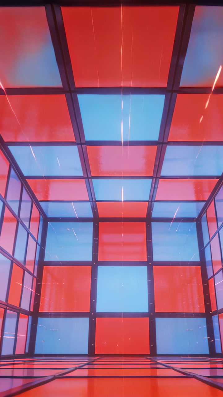 Camera moving upward and forward through lit grid chamber, showing panels and streaks for tech