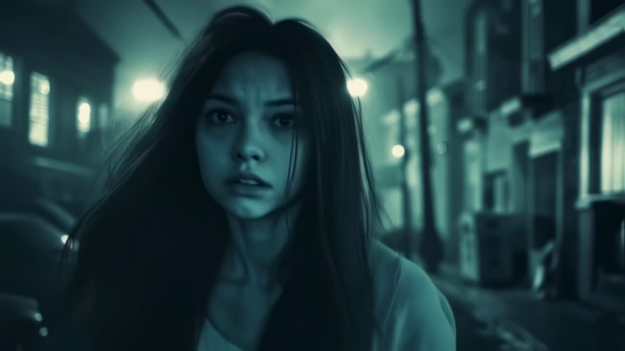 Urban night scene featuring a young woman walking alone on a deserted street, illuminated by streetlights, creating a mysterious and suspenseful atmosphere