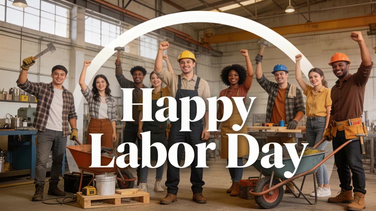 'Happy Labor Day' text showing crew raising fists at workshop arch wearing hard hats and toolbelts