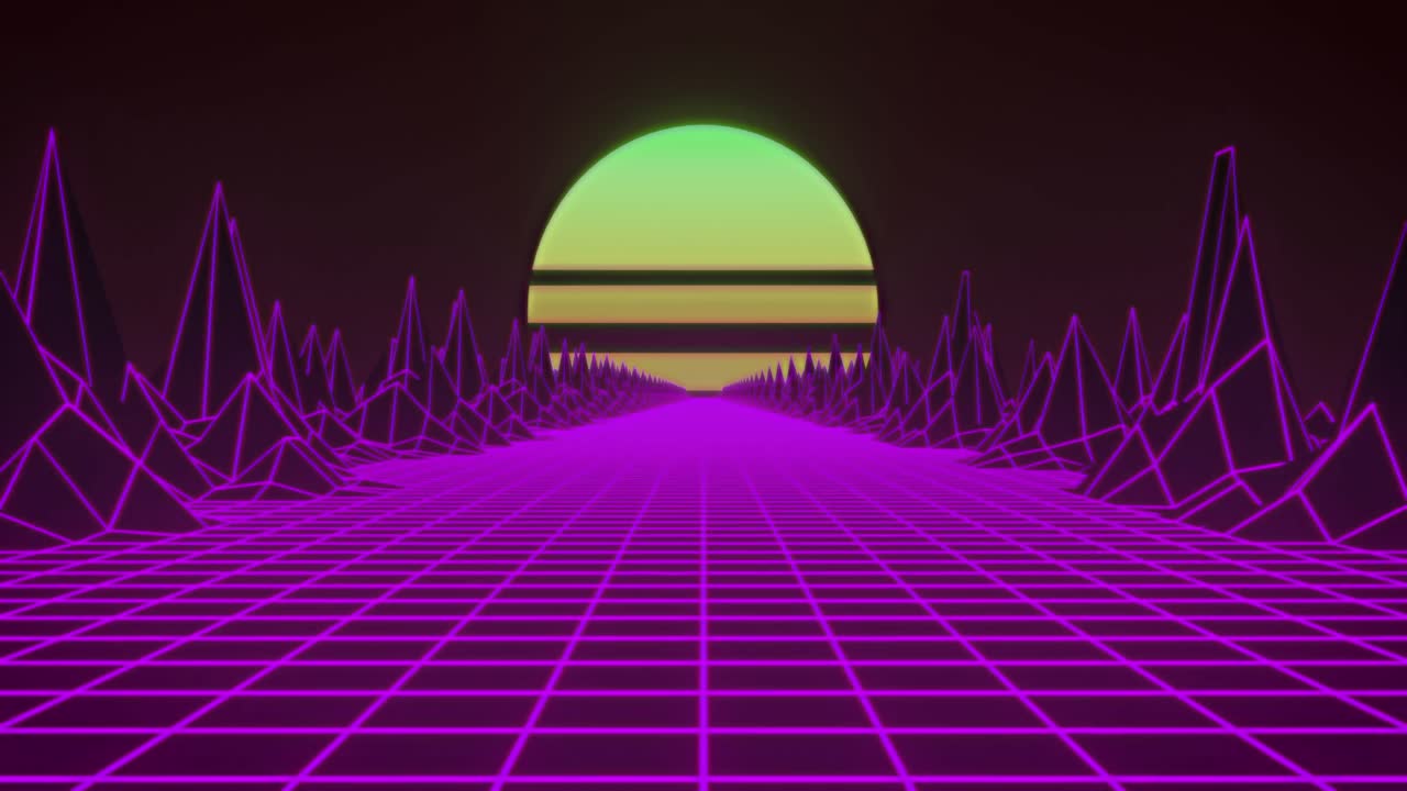 녹색 태양과 반 ⁇ 이는 분홍색 그리드와 산이 원활한 루프로 움직이는 지도의 애니메이션