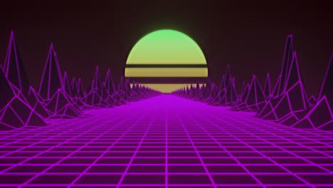 Animation-of-green-sun-and-glowing-pink-grid-and-map-with-mountains-moving-on-seamless-loop
