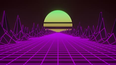 animation of green sun and glowing pink grid and map with mountains moving on seamless loop