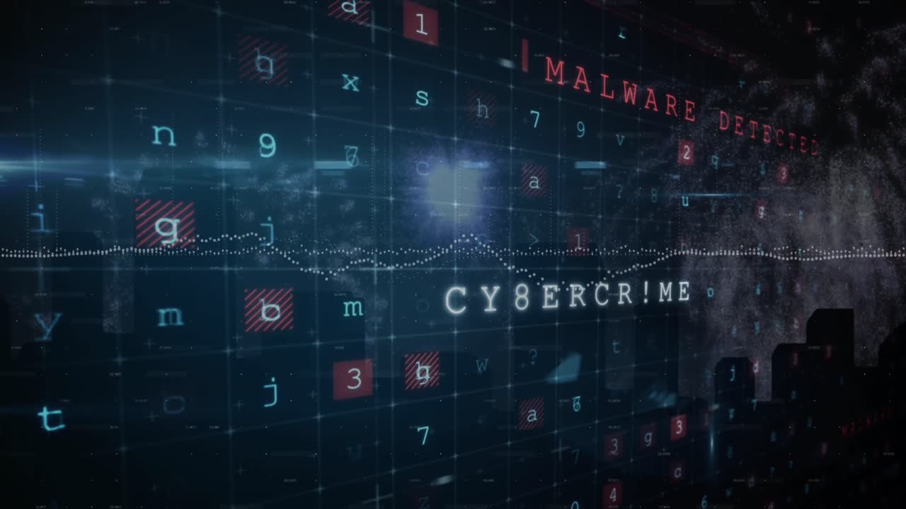 animación de múltiples textos, letras, números y símbolos con gráficos sobre edificios modernos