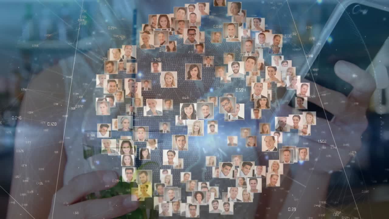 Vertical video: Animating round mosaic of faces rising over counter hands holding phone and drink